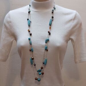 Turquoise and Glass Beads Triple Strands Station Statement Necklace